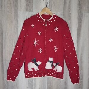 🛍Talbots Womens XL Vintage Cardigan Polar Bear Full‎ Zip Snowflake Winter Warm
